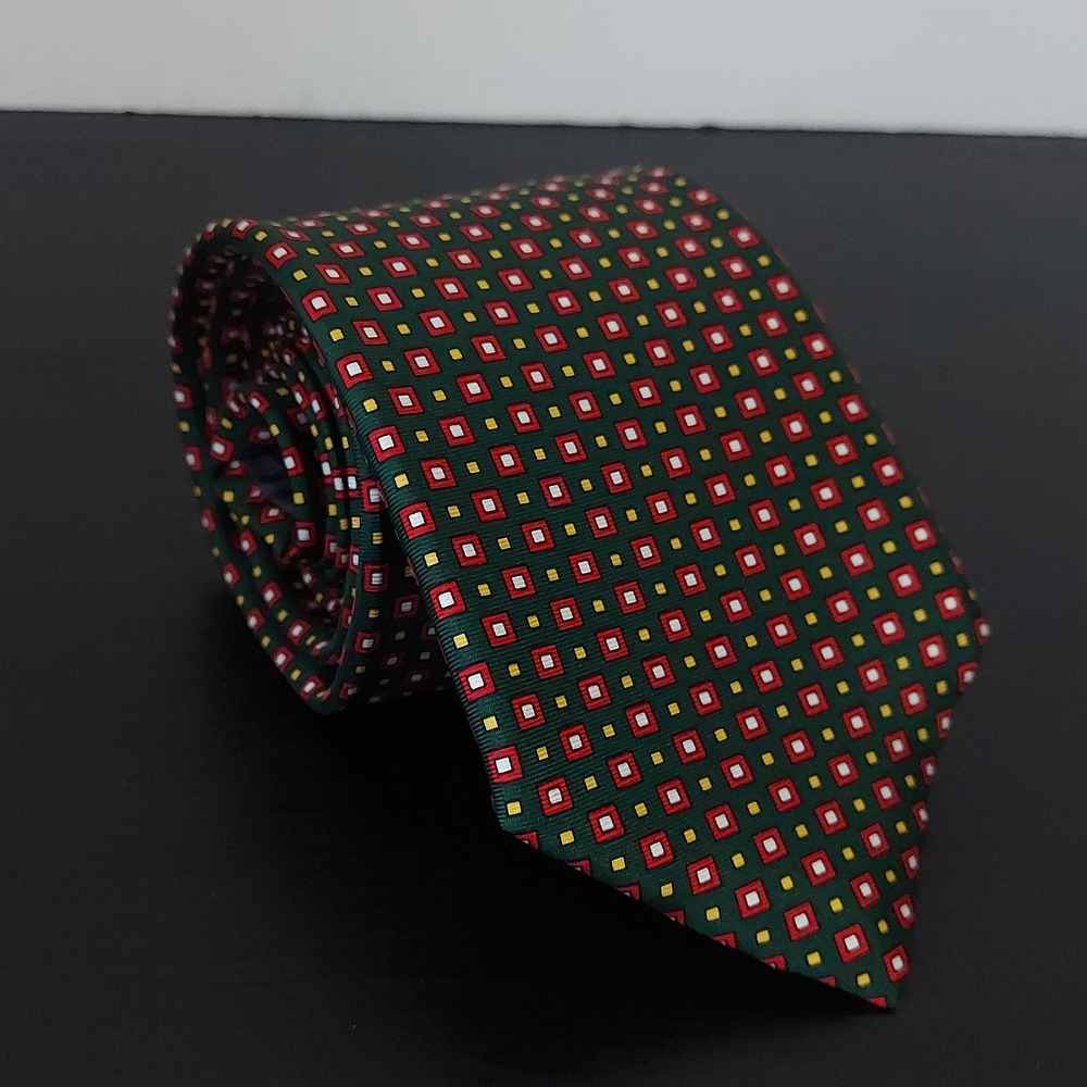 J. Press Tie Mens Green Silk Geometric Square Classic Woven Made In Ireland